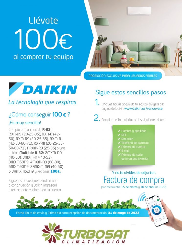 «Renuévate con Daikin» y consigue 100 € de ayuda por cada equipo.